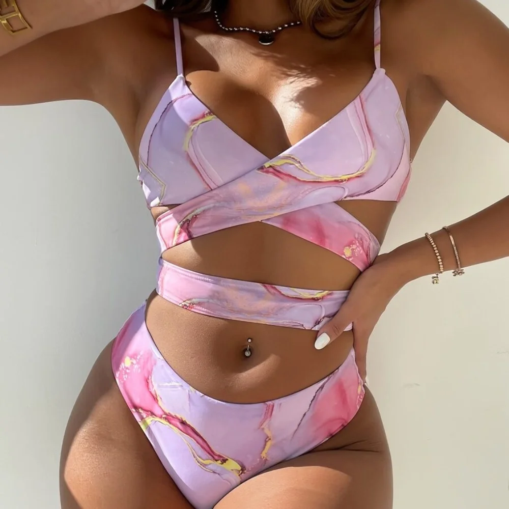 Boho Pink Marbled Cut out Cheeky High Waist Bikini Swim Beach - Picture 1 of 5